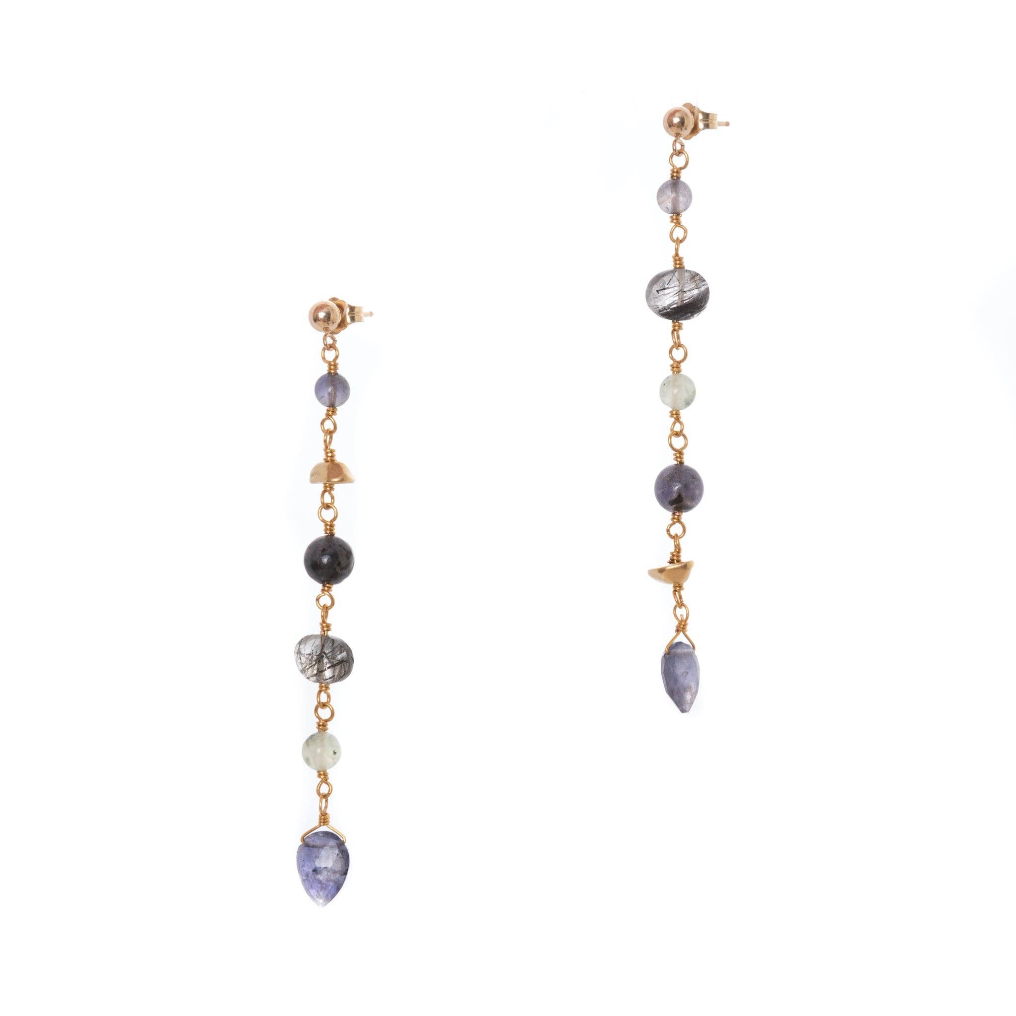 multi-gem earrings , featuring hand-cut gemstones, vintage Gold-plated brass nuggets and 14K Gold-fill studs. Pictured with Tourmilated Quartz and Prehnite and Iolite