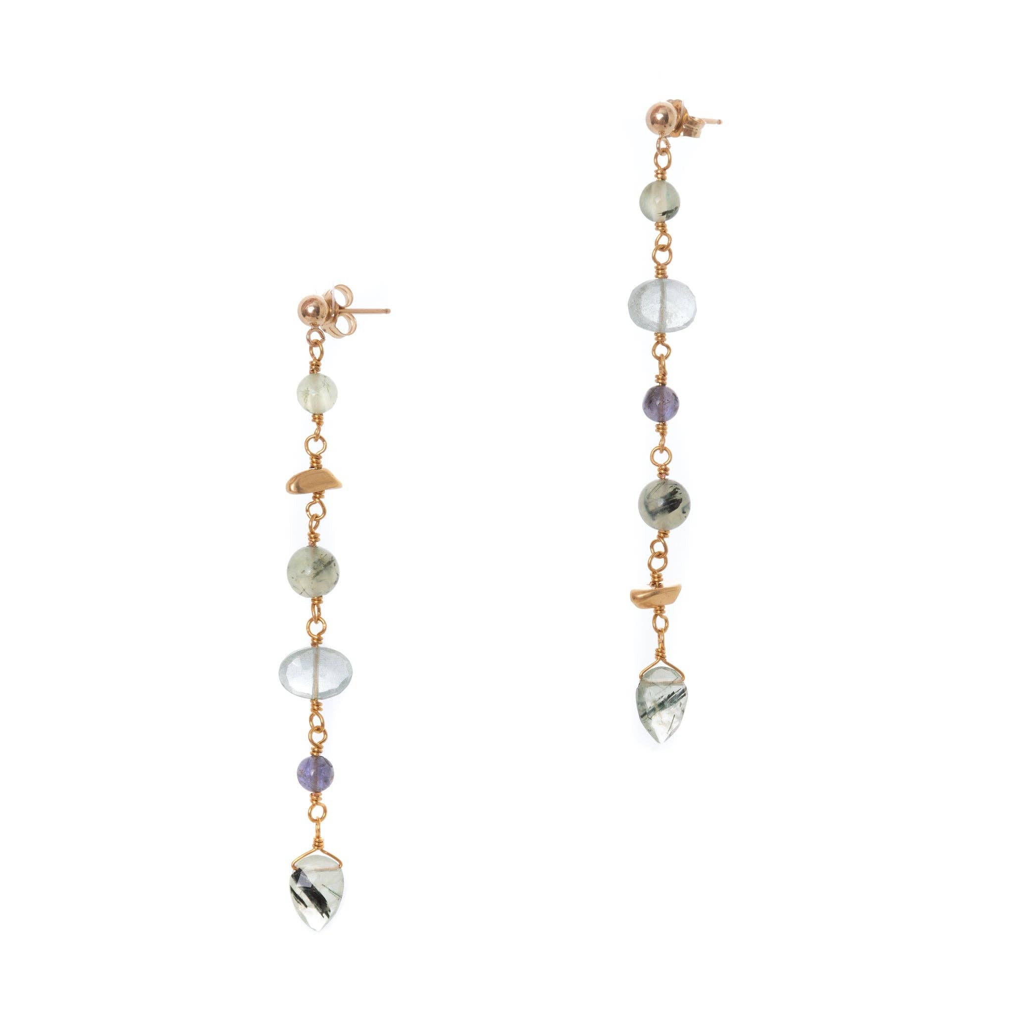 multi-gem earrings , featuring hand-cut gemstones, vintage Gold-plated brass nuggets and 14K Gold-fill studs. Prehnite, Moss Aquamarine andIolite
