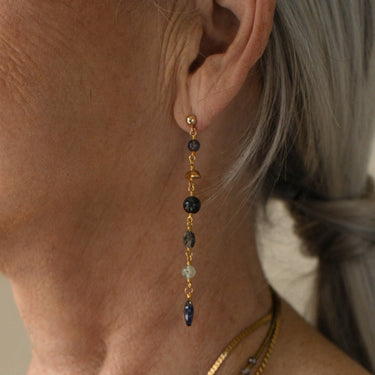 multi-gem earrings , featuring hand-cut gemstones, vintage Gold-plated brass nuggets and 14K Gold-fill studs. Pictured with Tourmilated Quartz and Prehnite and Iolite | on model