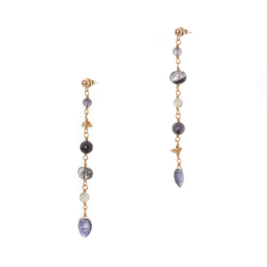 multi-gem earrings , featuring hand-cut gemstones, vintage Gold-plated brass nuggets and 14K Gold-fill studs. Pictured with Tourmilated Quartz and Prehnite and Iolite