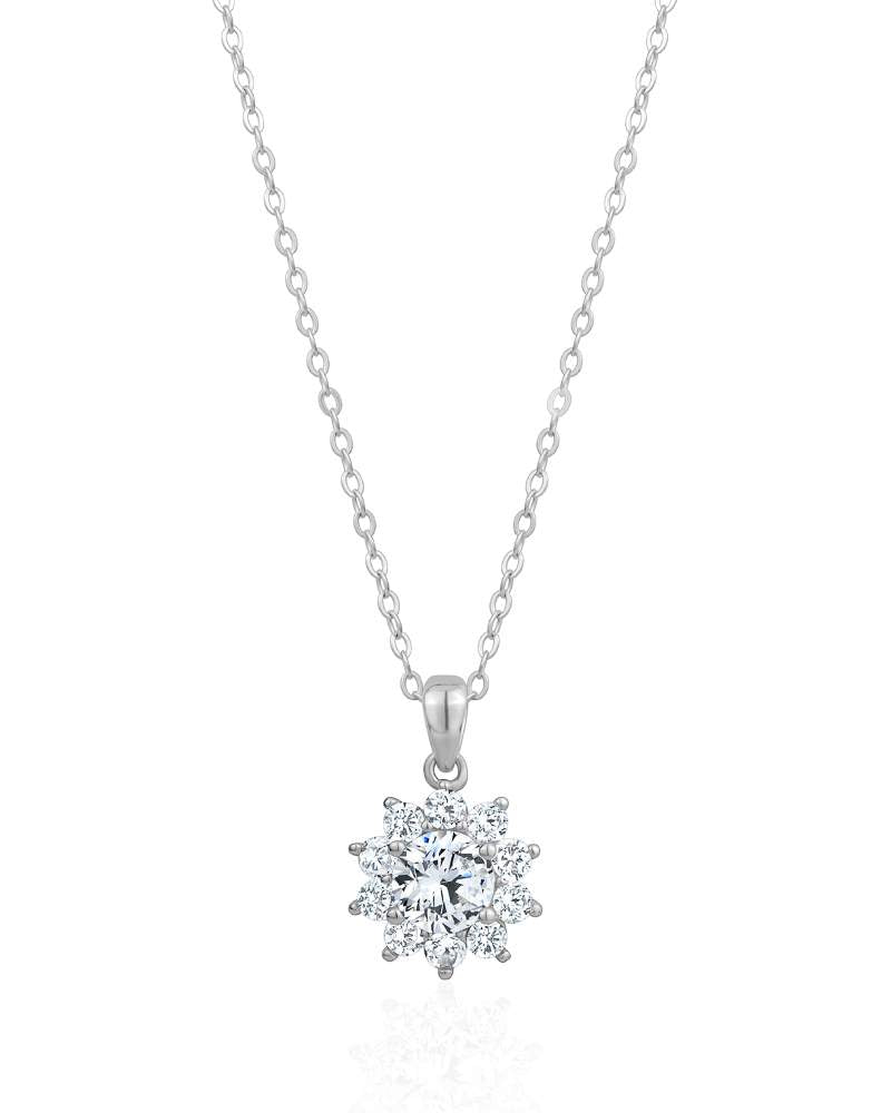 Sterling Silver Rhodium Plated Moissanite Flower Pendant chain included.