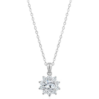 Sterling Silver Rhodium Plated Moissanite Flower Pendant chain included.