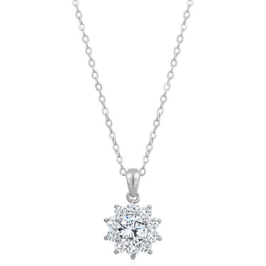 Sterling Silver Rhodium Plated Moissanite Flower Pendant chain included.