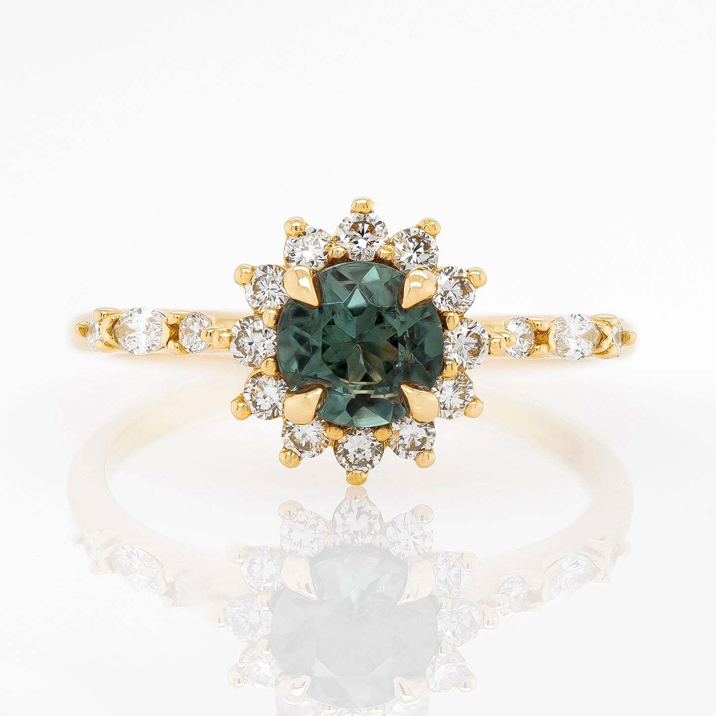 Teal Sapphire Halo Ring | Magpie Jewellery