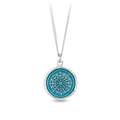 Sterling Silver Necklace with a bright blue background underneath a talisman depicting A Large mandala pattern