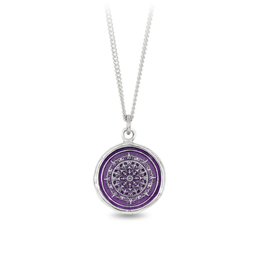 Sterling Silver necklace with purple background talisman depicting a mandala 