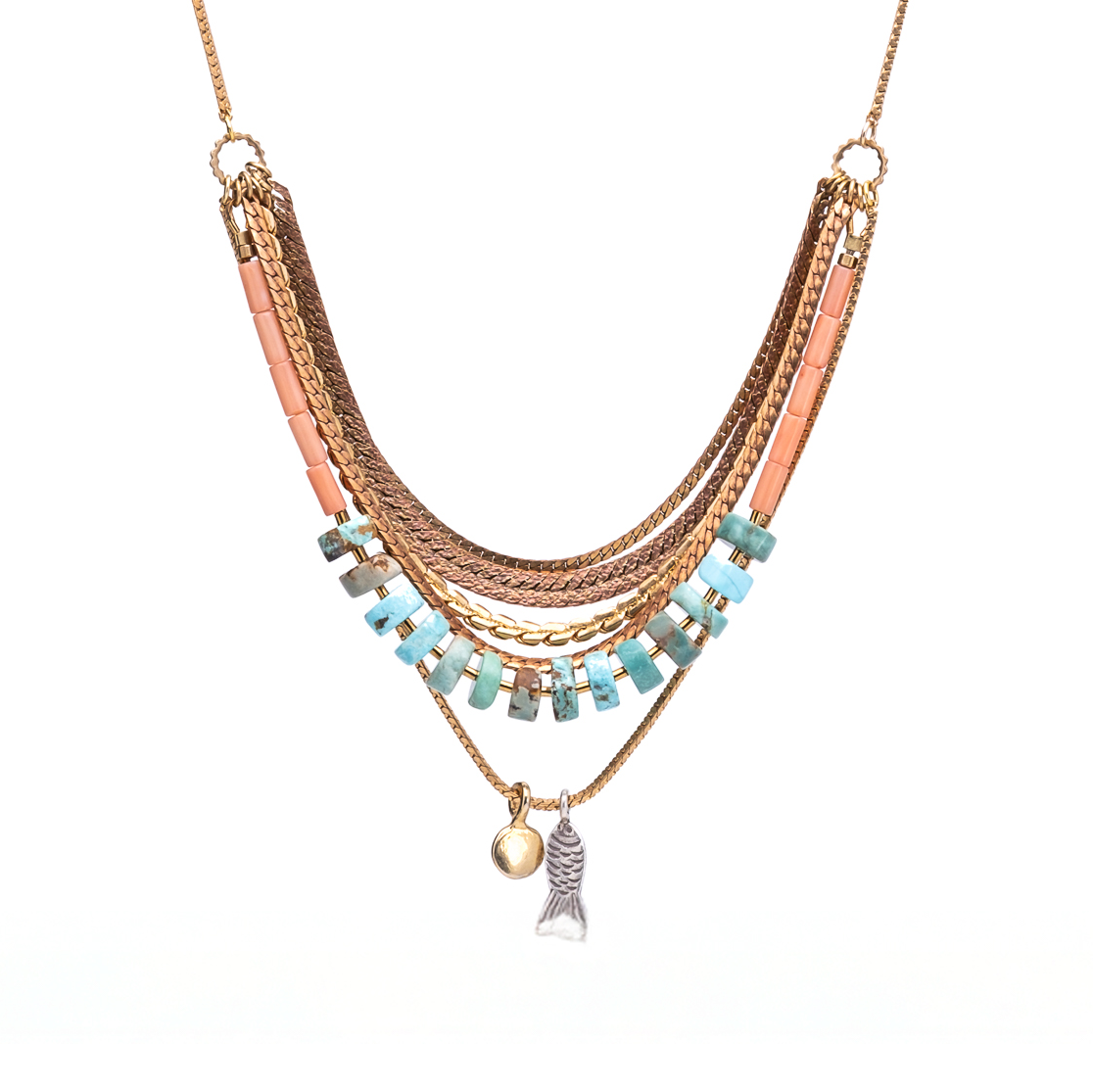 Mariner Necklace, Featuring hand-cut strands of Turquoise and Dyed Coral gemstones with electroplated gold Hematite and paired withvintage brass chains and accented Hill-tribe sterling silver fish charm and 14K gold-plated brass coin charm