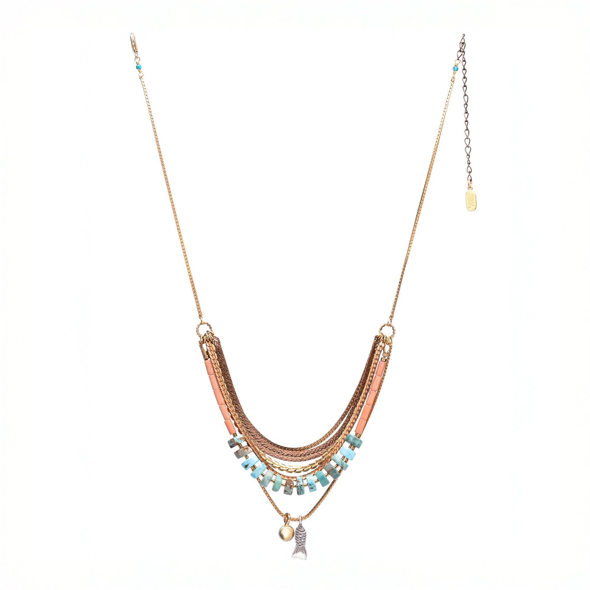 Mariner Necklace, Featuring hand-cut strands of Turquoise and Dyed Coral gemstones with electroplated gold Hematite and paired withvintage brass chains and accented Hill-tribe sterling silver fish charm and 14K gold-plated brass coin charm