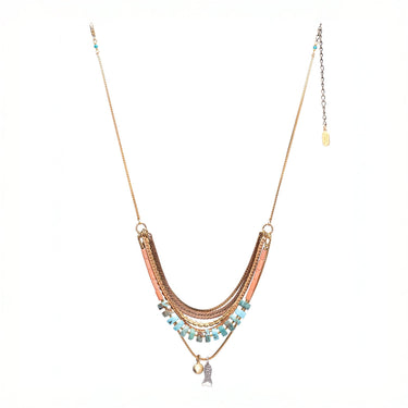 Mariner Necklace, Featuring hand-cut strands of Turquoise and Dyed Coral gemstones with electroplated gold Hematite and paired withvintage brass chains and accented Hill-tribe sterling silver fish charm and 14K gold-plated brass coin charm