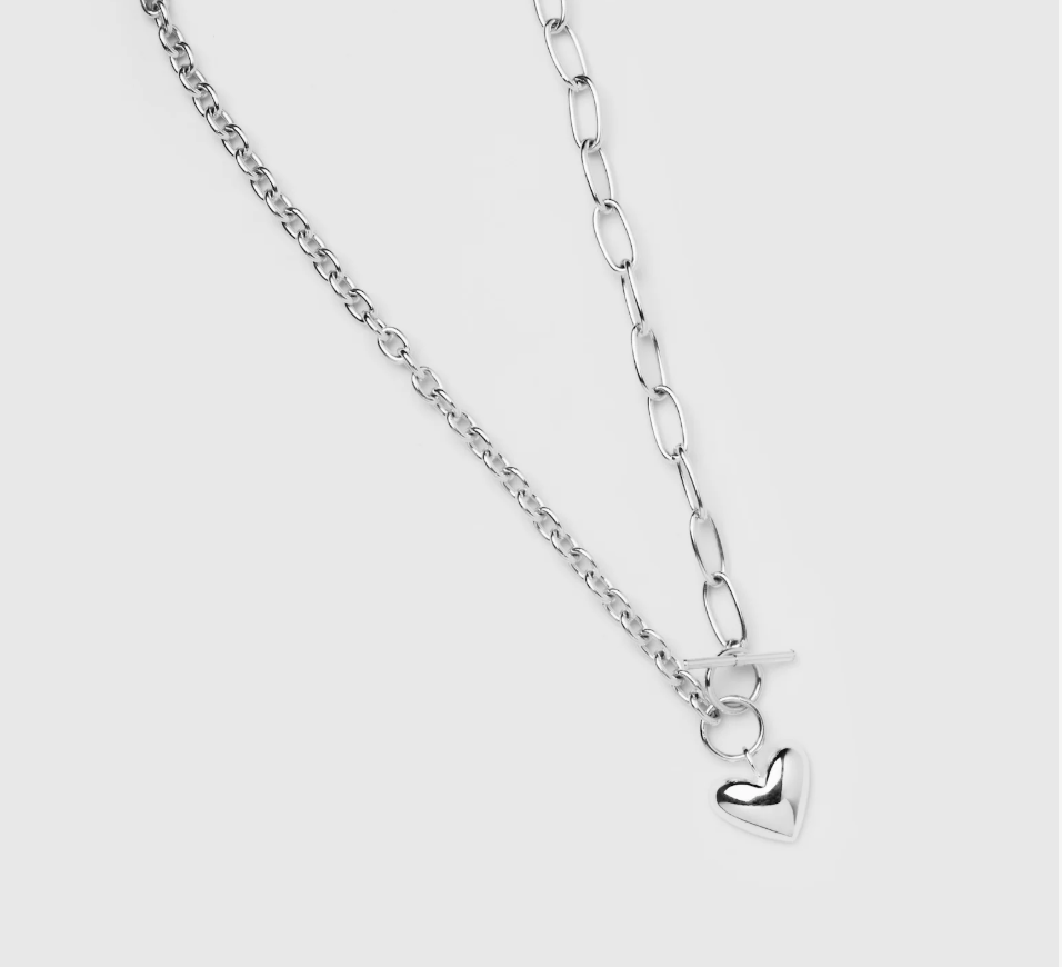 18" Silver plated brass cable chain necklace with with heart charm and toggle clasp
