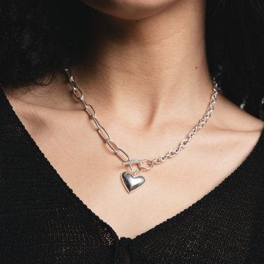 18" Silver plated brass cable chain necklace with with heart charm and toggle clasp \ on model