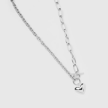 18" Silver plated brass cable chain necklace with with heart charm and toggle clasp