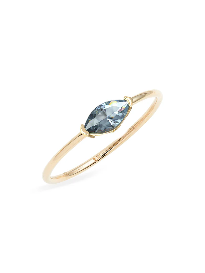 14k Yellow Gold Ring featuring a sleek marquise aquamarine gemstone