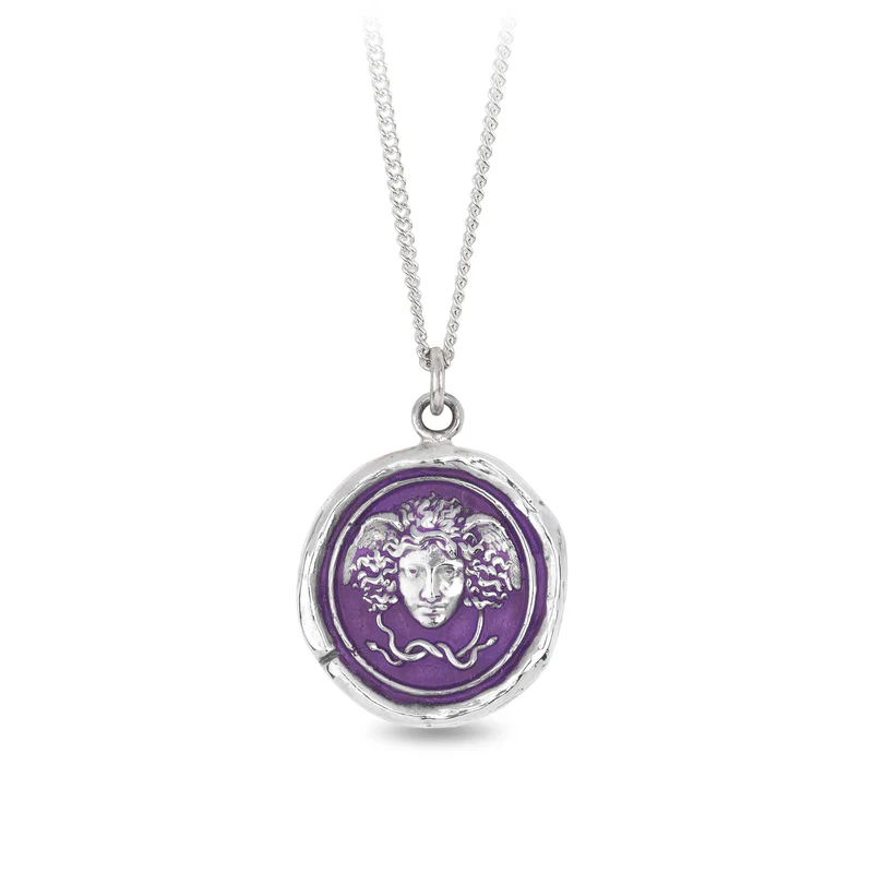 Sterling Silver Necklace with a violet background under a talisman depicting The Character of myth medusa, with a head of snakes surrounding her face