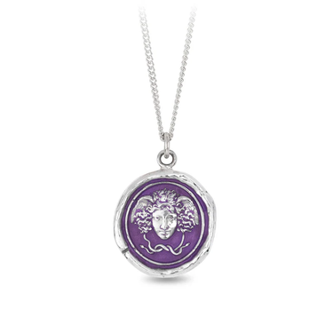 Sterling Silver Necklace with a violet background under a talisman depicting The Character of myth medusa, with a head of snakes surrounding her face