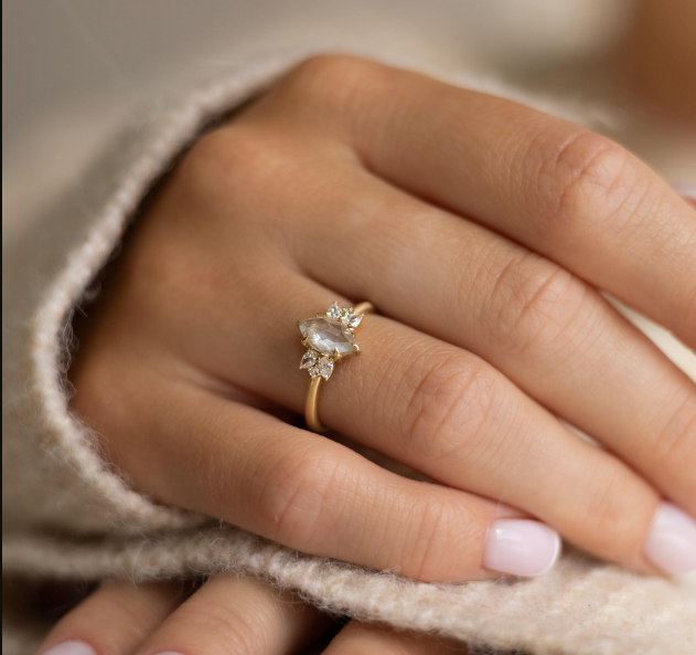 14k Yellow Gold Ring with Diamond Cluster | on Hand Model