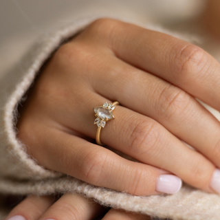 14k Yellow Gold Ring with Diamond Cluster | on Hand Model