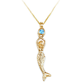 14k gold mermaid statue holding a round aquamarine necklace, on an 18″ gold wheat chain.