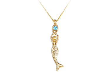 14k gold mermaid statue holding a round aquamarine necklace, on an 18″ gold wheat chain.