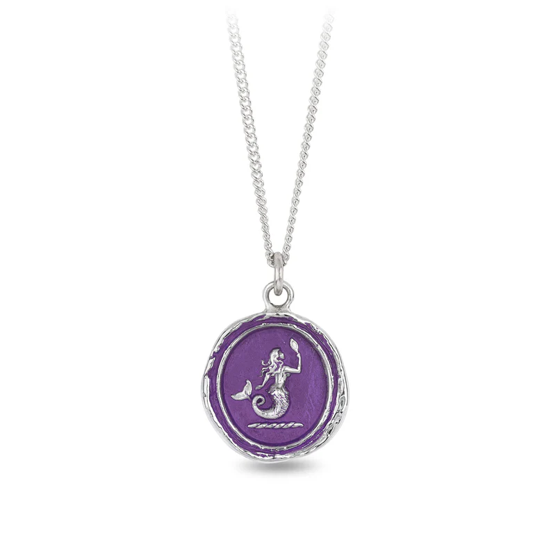 Sterling Silver Necklace with a violet background under a talisman depicting The creature of myth, the mermaid