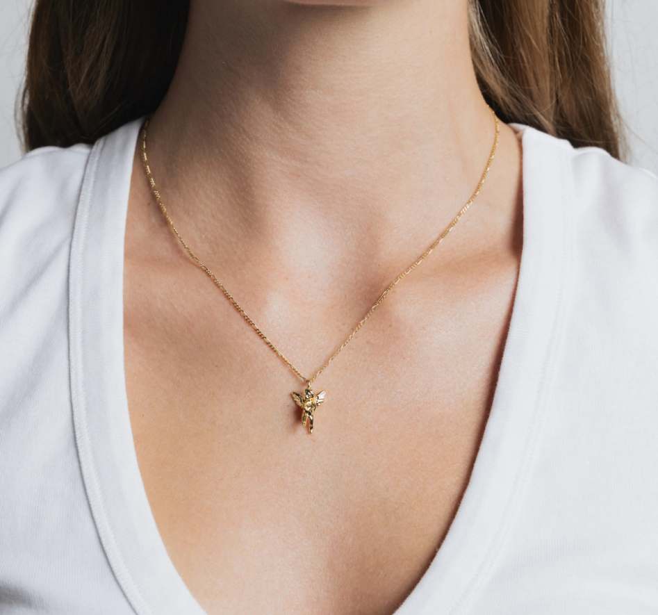 14k Gold plated brass  Cherub pendant on a 14k Gold Vermeil figaro chain