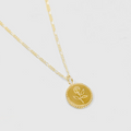 14k gold plated Brass Coin necklace with rose engraving on a Gold vermeil figaro chain
