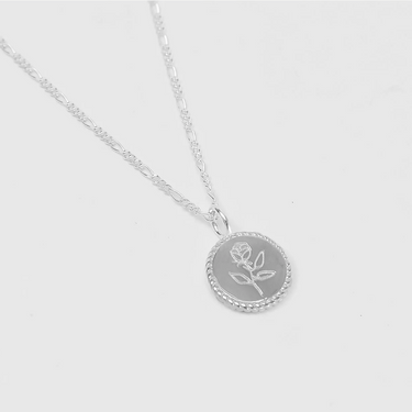 Sterling Silver Coin necklace with rose engraving on a Sterling silver figaro chain