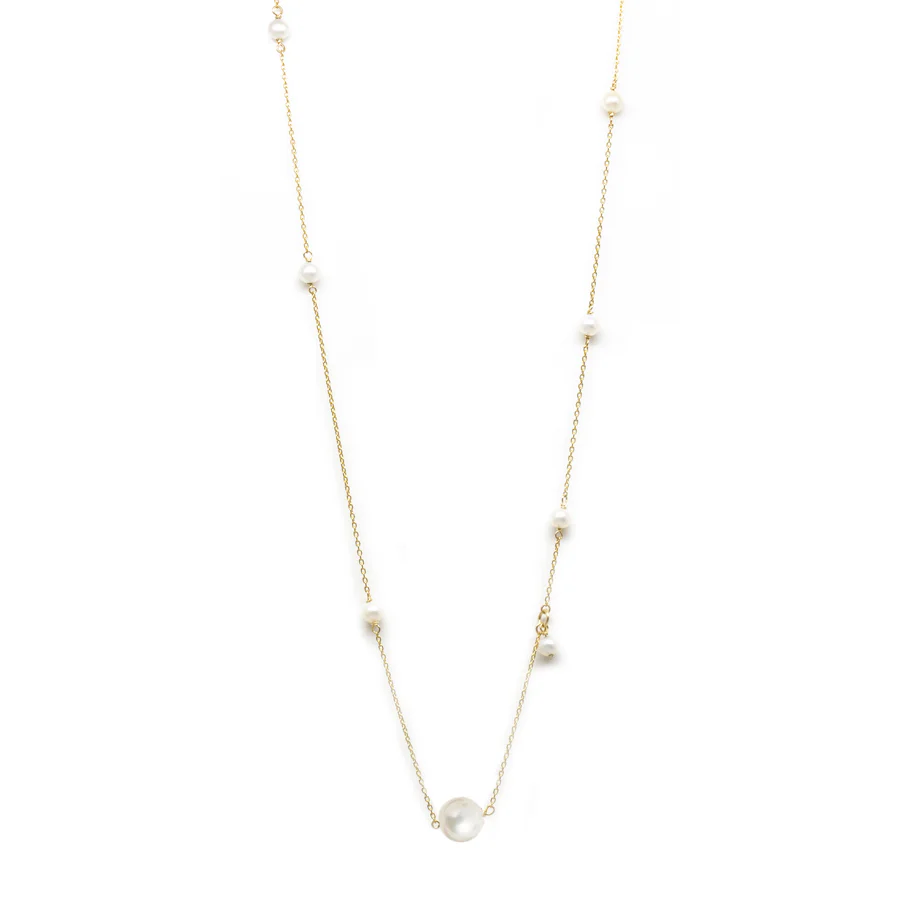 14k Yellow Gold station necklace with different sized pearls scattered through out