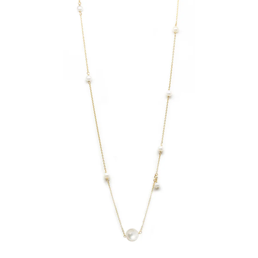 14k Yellow Gold station necklace with different sized pearls scattered through out