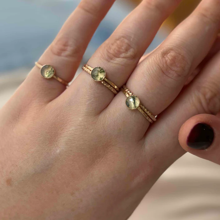 14k Goldfill stacking ring featuring a bright Moss coloured agate gemstone | on hand model