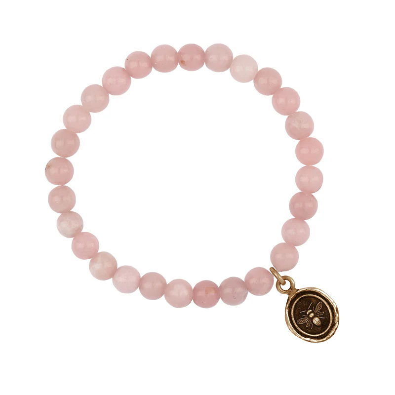 Pink Opal Beaded Bracelet with a bronze talisman depicting a Bee