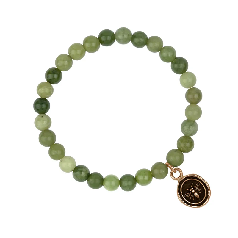Green Jade Beaded Bracelet with a bronze talisman depicting a Bee