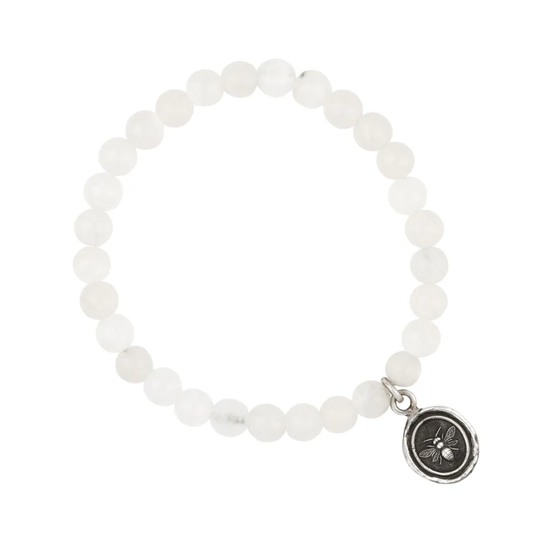 White Jade Beaded Bracelet with a Sterling Silver talisman depicting a Bee