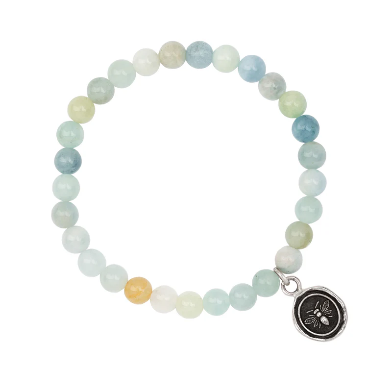 Sea toned Aquamarine Beaded Bracelet with a Sterling Silver talisman depicting a Bee