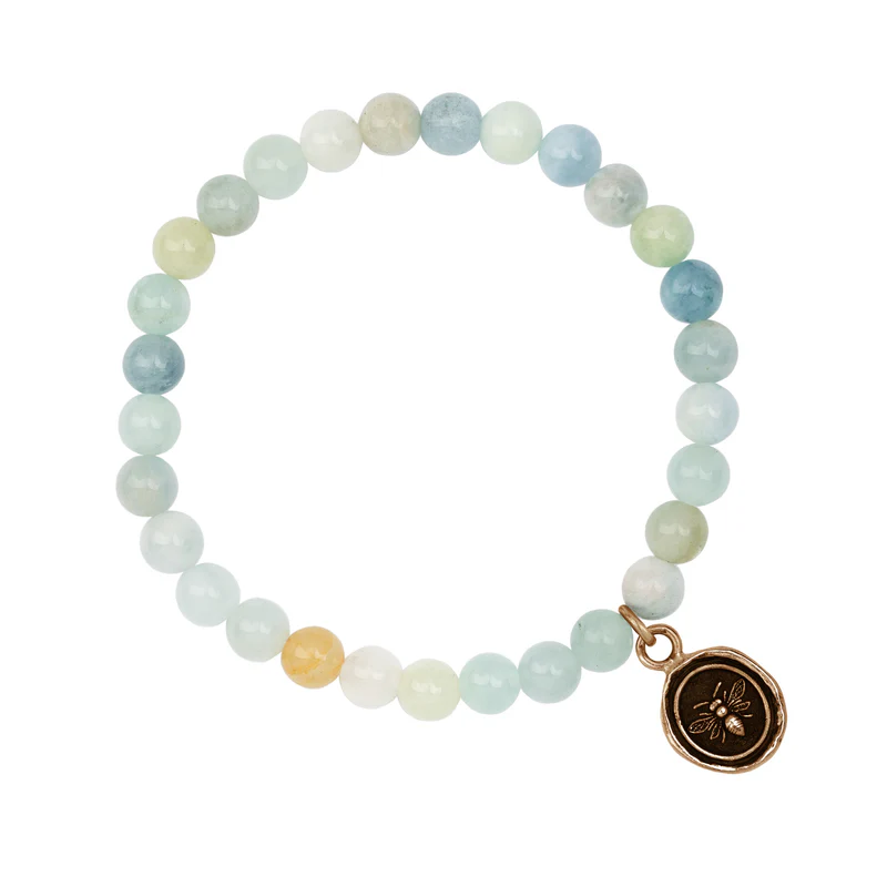 Sea toned Aquamarine Beaded Bracelet with a bronze talisman depicting a Bee