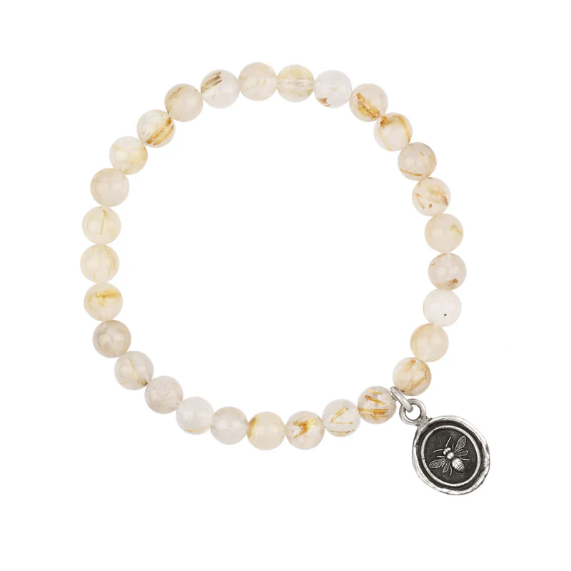 Rutilated Quartz Beaded Bracelet with a Sterling Silver talisman depicting a Bee