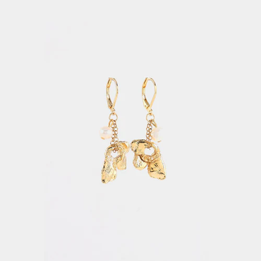 Short gold earrings adorned with a flower-shaped pewter pendant and a pearl