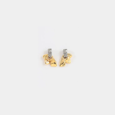 Short two-tone earrings adorned with a pewter stud and pendant