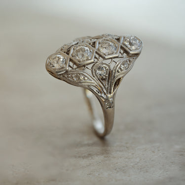 VINTAGE-  14kw Art Deco Filigree Ring w/ 12x Old European Cut Diamonds