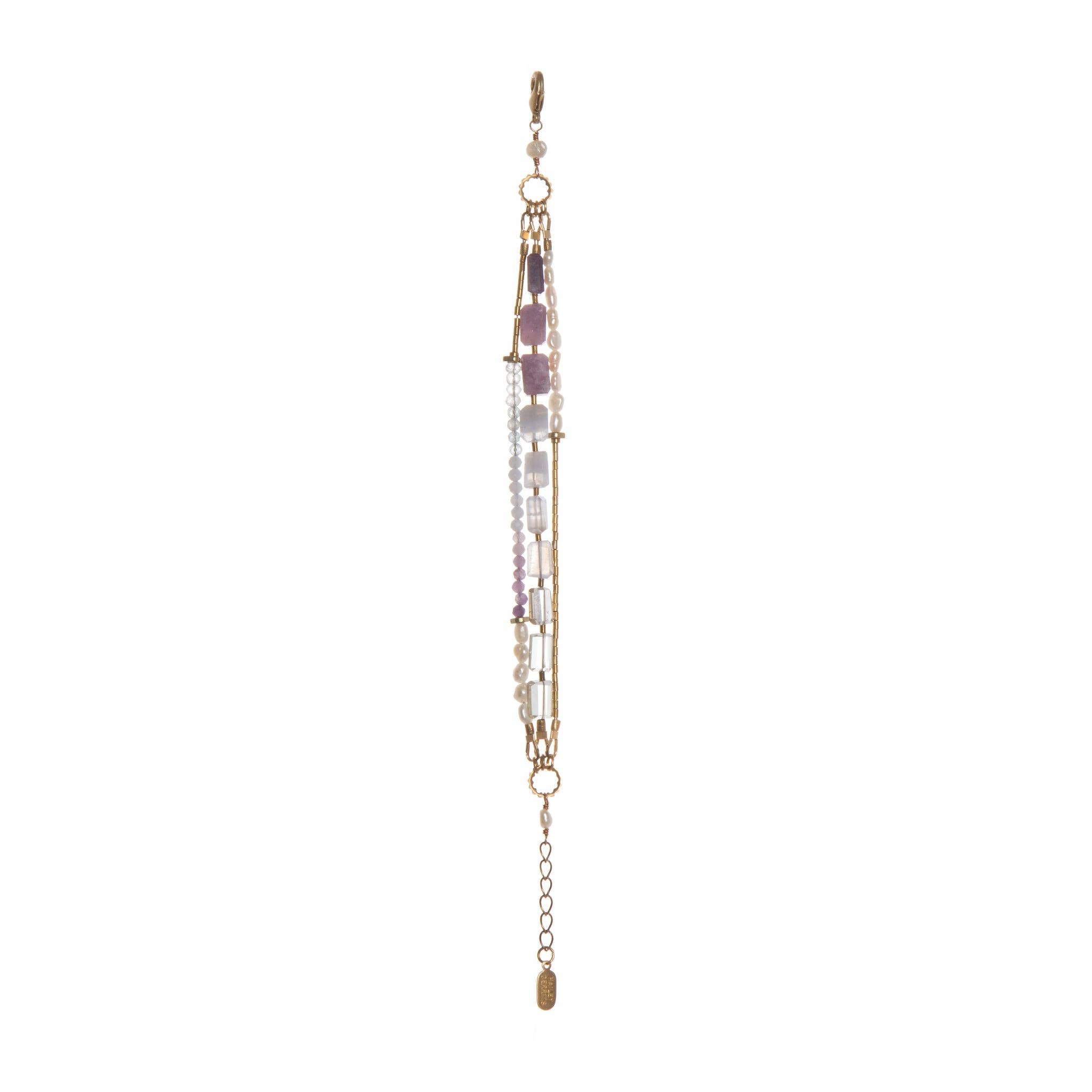  bracelet featuring three strands of stunning ombré hand-cut gemstones, Freshwater Pearl and warm brass accents. with Lepidolite, Aquamarine, Blue Lace Agate and Green Amethyst