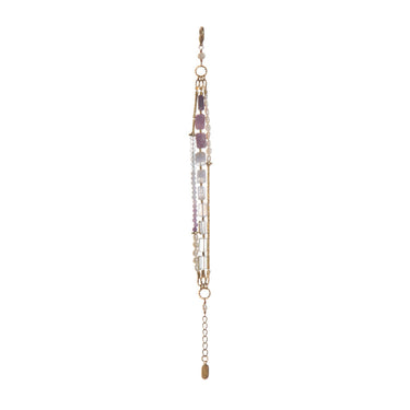  bracelet featuring three strands of stunning ombré hand-cut gemstones, Freshwater Pearl and warm brass accents. with Lepidolite, Aquamarine, Blue Lace Agate and Green Amethyst