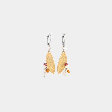 Short two-tone earrings with a winged pewter pendant and a cluster of colorful pearls