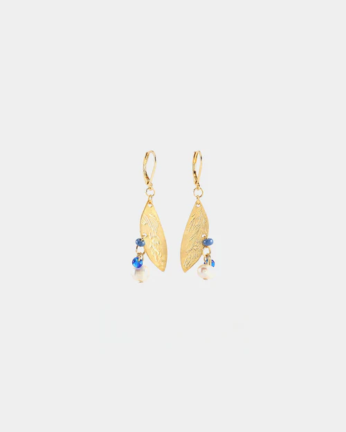 Short gold earrings with a winged pewter pendant and a cluster of colorful pearls