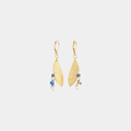 Short gold earrings with a winged pewter pendant and a cluster of colorful pearls