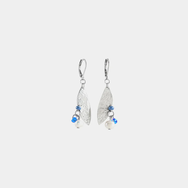 Short silver earrings with a winged pewter pendant and a cluster of colorful pearls
