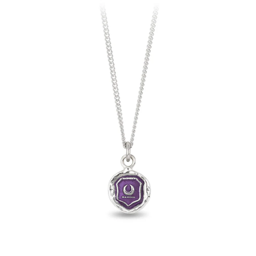 Sterling Silver Necklace with a violet background under a talisman depicting a crescent moon surrounded by a sigil border