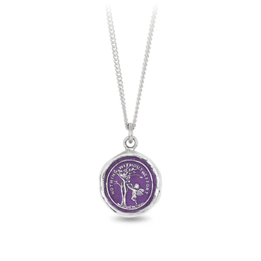 Sterling Silver necklace with a violet background under a talisman depicting a Cherub reaching for a heart high in a tree, with the words "nothing without effort" written above it