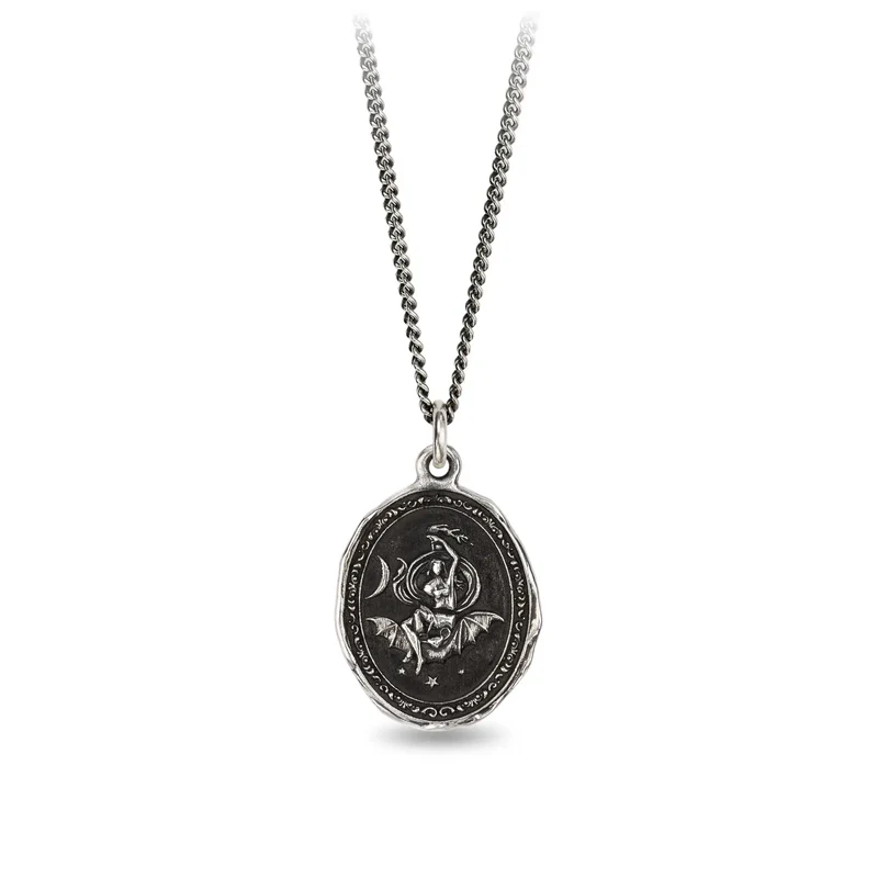 Sterling Silver Talisman Necklace depicting The Goddess of Night, Nyx, Laying atop a bat in a starry sky