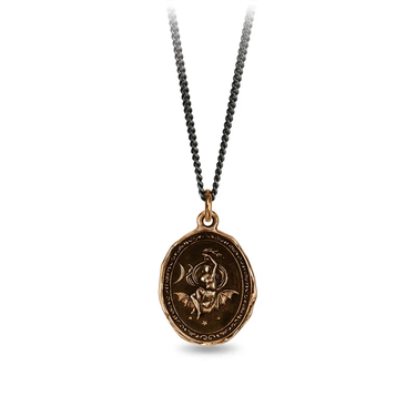 Bronze Talisman Necklace depicting The Goddess of Night, Nyx, Laying atop a bat in a starry sky