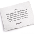 A Pyrrha note describing the Nyx talisman. It reads, "As the goddess of night, Nyx moves through the darkness with strength and quiet confidence. She captivates others with her mysterious charm and her keen sense of awareness."